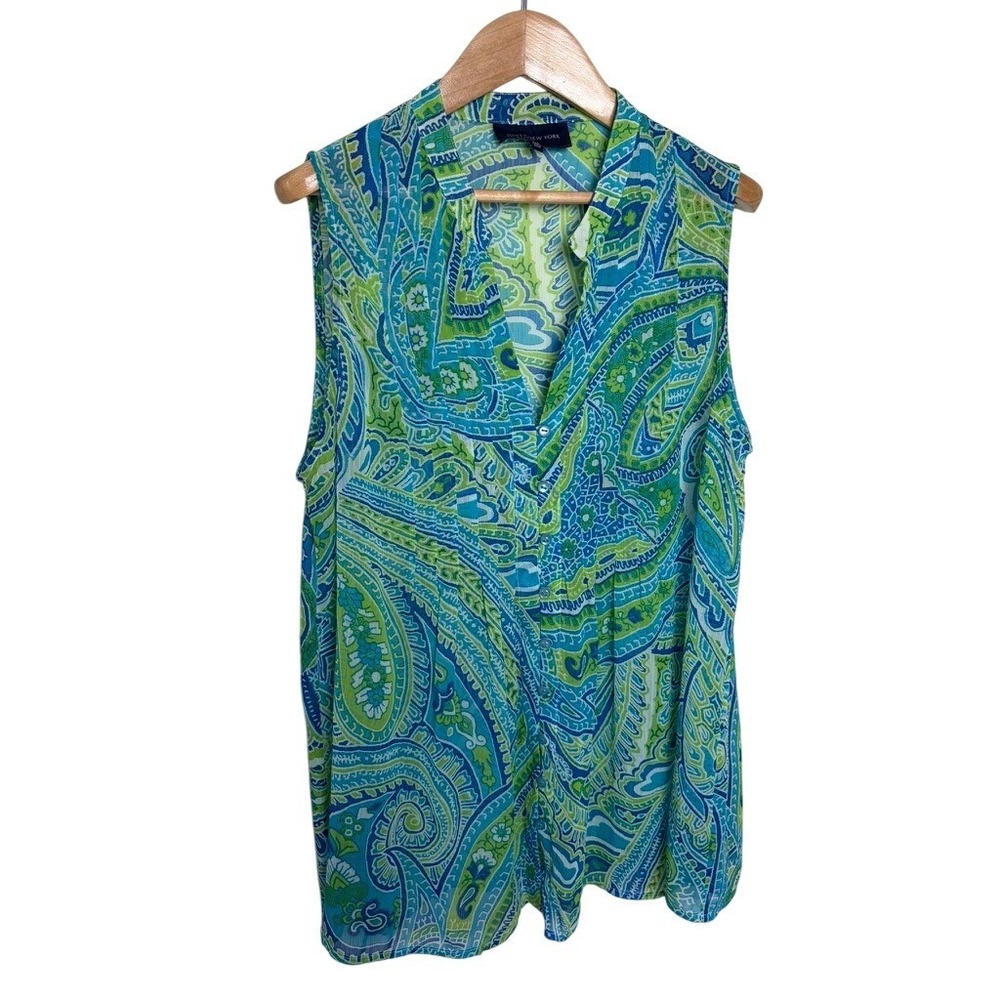Jones New York Signature Blue Green Paisley Sleeveless Blouse Top‎ Large